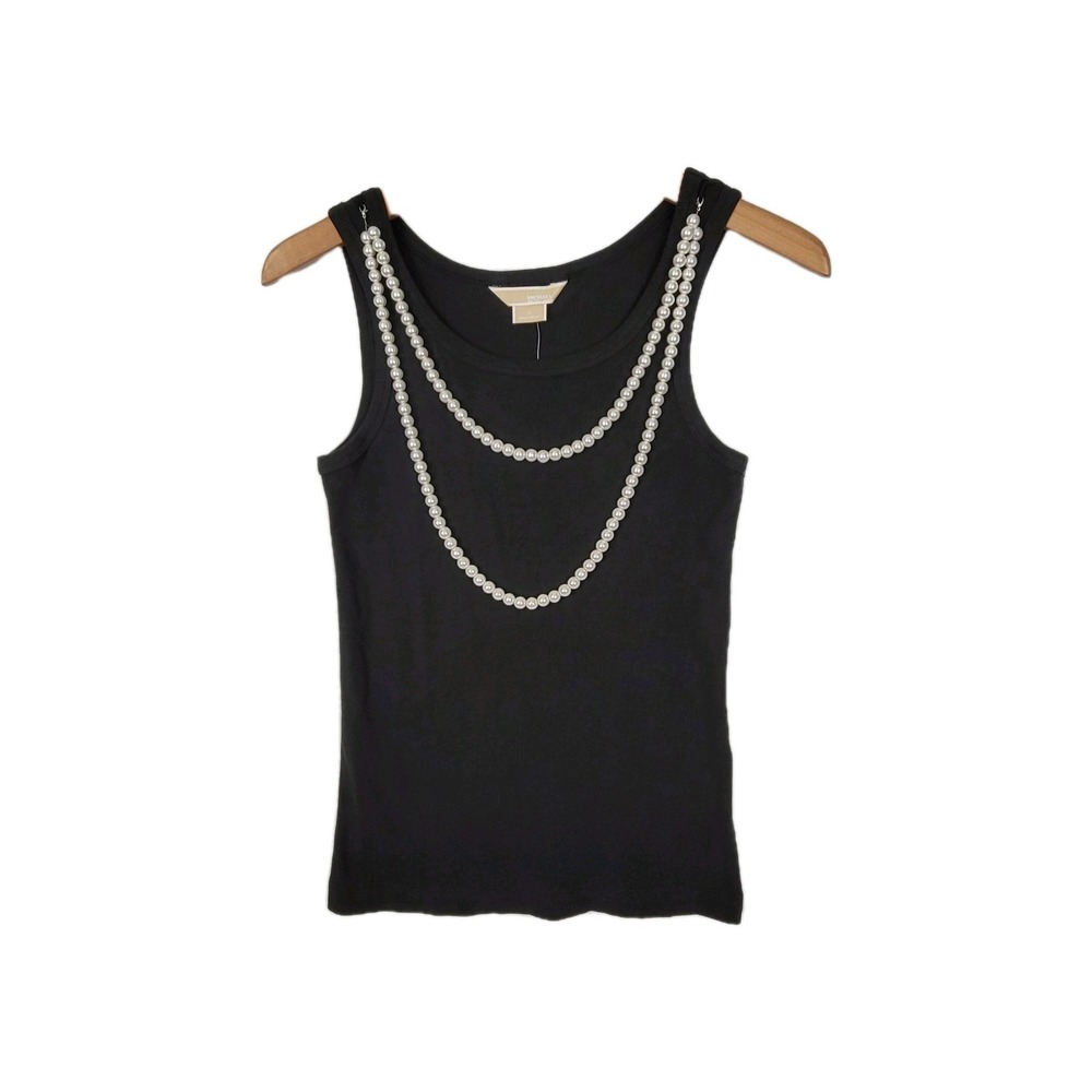 Michael Kors Vintage Pearl Chain Ribbed Tank Top Medium Black Y2K
